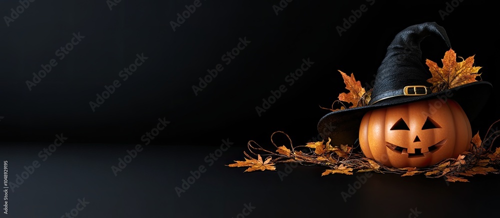 Aufkleber large pumpkin for halloween black witch hat adorned with autumn golden leaves against a black backgr