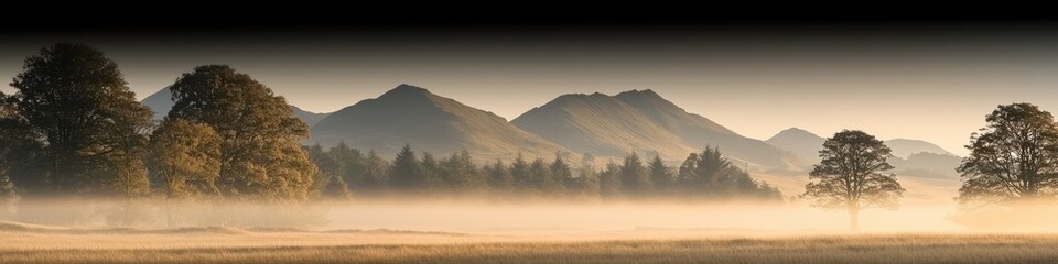 Breathtaking Misty Mountain Forest Landscape at Sunrise with Fog, Golden Glow, Trees, and Peaceful Atmosphere Capturing Nature's Tranquil Beauty and Serenity