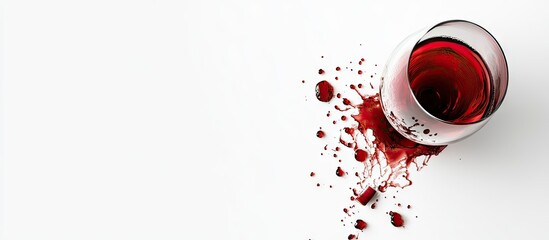 Glass with red wine spilled on a white background Copyspace