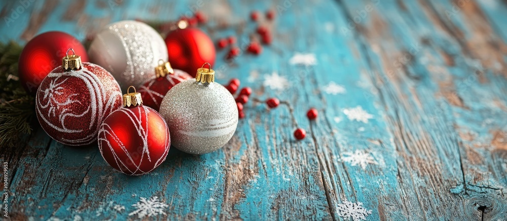 Poster Christmas ornaments on a weathered blue wooden table background. with copy space image. Place for adding text or design