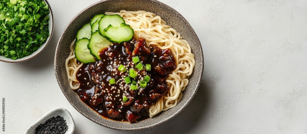Aufkleber Jajang Myeon or JJajangmyeon is a Korean noodle dish served with black bean sauce accompanied by cucumber and sesame seeds. with copy space image. Place for adding text or design