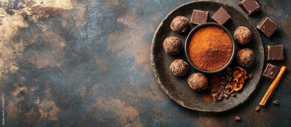 Leinwandbilder Cocoa powder truffle chocolate and cinnamon arranged on a stone plate Top view. with copy space image. Place for adding text or design