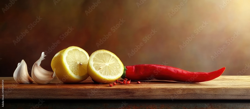 Aufkleber Red chili pepper lemon slices and garlic on a brown cutting board. with copy space image. Place for adding text or design