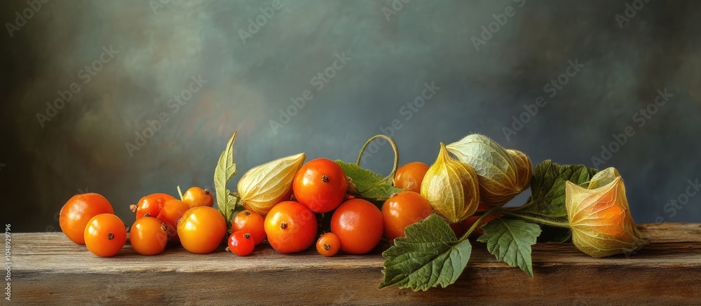 Aufkleber cape gooseberry physalis and winter cherry on a wooden surface. with copy space image. place for add