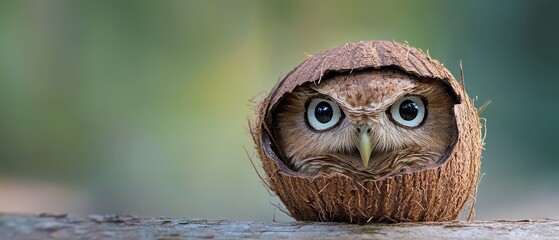  A tight shot of a bird perched on a tree trunk, its beady eyes focused intently A solitary coconut lies before it
