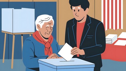 Illustration of Elderly Voter with Assistance