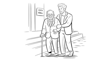 Illustration of Elderly Voter with Assistance