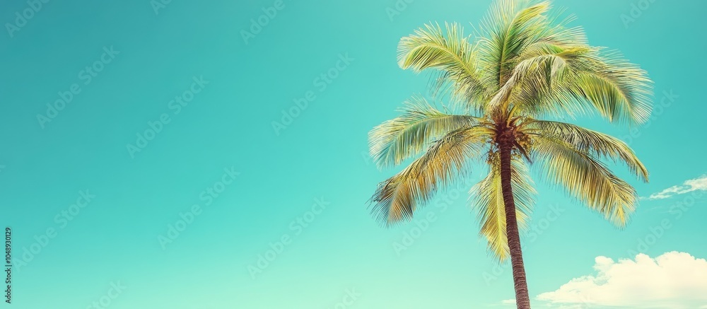 Poster Coconut palm tree against a blue sky Vintage backdrop Retro style poster. with copy space image. Place for adding text or design
