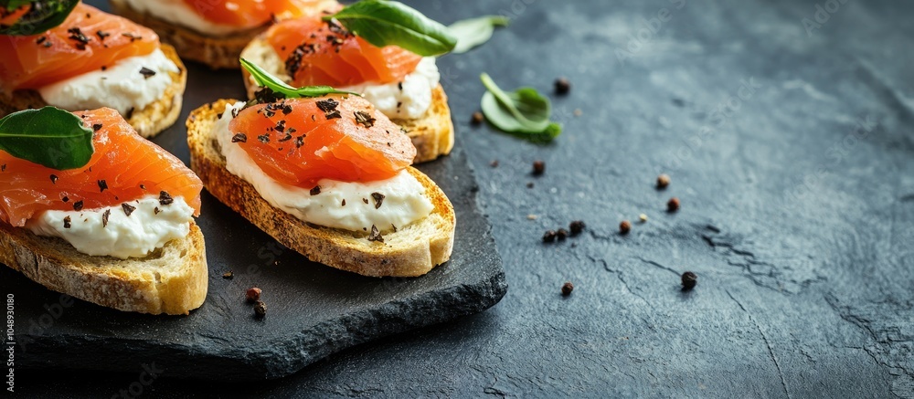Fototapete Baguette slices topped with soft cheese and salmon on a slate board vintage toned. with copy space image. Place for adding text or design