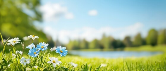 Fototapeta premium A cluster of blue and white blossoms rests in the grass beside a tranquil body of water, framed by trees in the backdrop