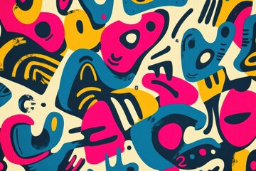 Obraz premium Vintage 90s pattern with funky, abstract shapes and large text, bold colors like hot pink, electric blue, and sunshine yellow, eye-catching and playful, perfectly retro