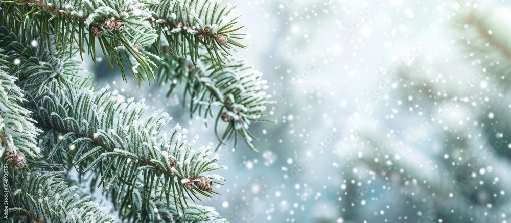 Poster Snow covered fir branches A Christmas winter scene featuring a spruce branch New Year backdrop. with copy space image. Place for adding text or design