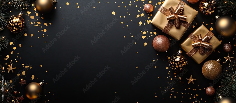 Poster merry christmas and happy new year modern christmas wrapping paper golden ornaments confetti on a bl