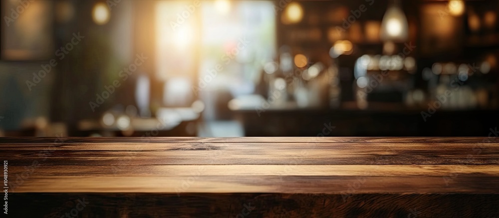 Poster Selected focus on an empty brown wooden table with a blurred coffee shop background featuring bokeh ideal for product display montage. with copy space image. Place for adding text or design