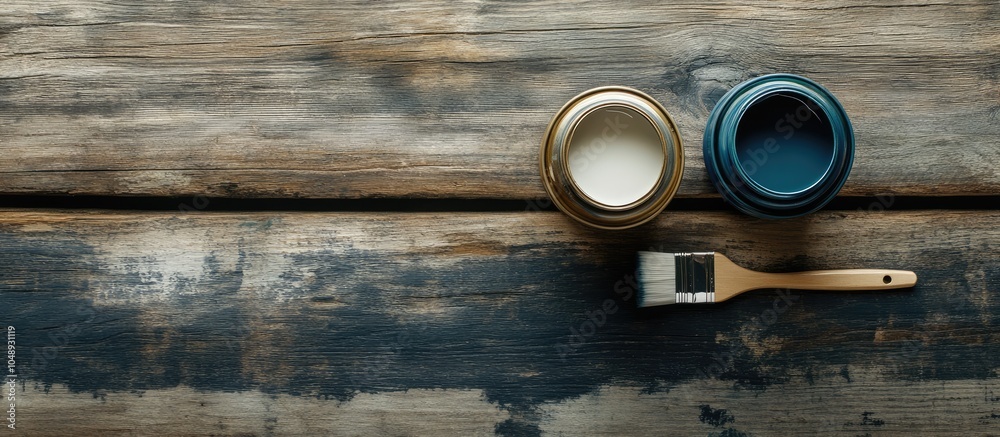Poster two paint cans with clean brushes are positioned on a wooden background viewed from above with copy 