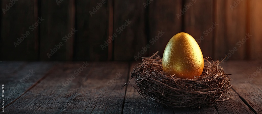 Poster Golden egg in a nest set against a dark wooden backdrop. with copy space image. Place for adding text or design
