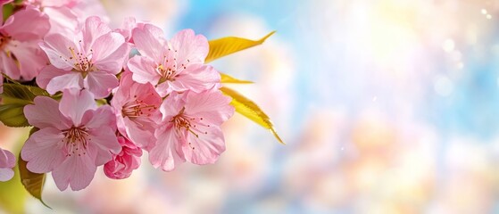 Fototapeta premium A tight shot of pink blossoms on a branch against a blue sky background