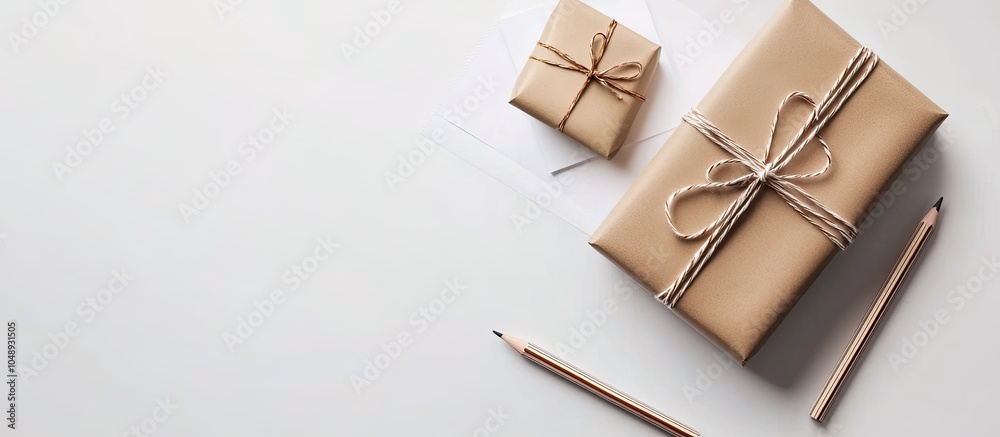 Poster Notebook on a white table alongside a gift box and a pencil. with copy space image. Place for adding text or design