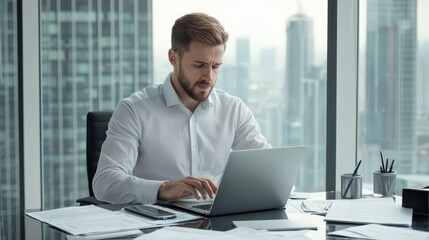 Obraz premium Man working on laptop in modern office with city view and paperwork on desk.