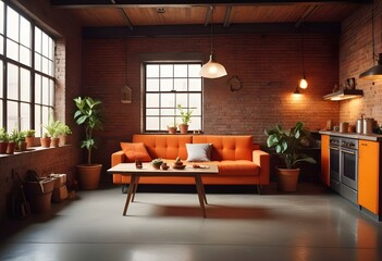 Fototapeta premium Realistic kitchen interior, orange sofa, gray floor, wooden table, loft style, super details, soft lighting, Night light in cozy interier sale website banner in yellow, orange background color, minima