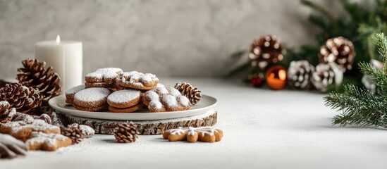 Naklejka premium Christmas or New Year still life featuring ornaments on a rustic white table Festively decorated Christmas cookies Homemade gingerbread Winter themed decorative background Copy space for text