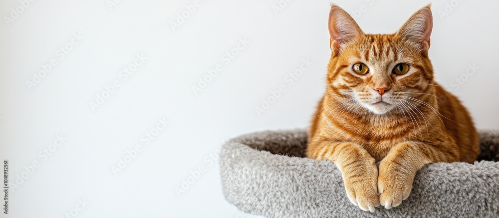 Poster Orange cat sits on a cat tree gazing at the camera against a white background. with copy space image. Place for adding text or design