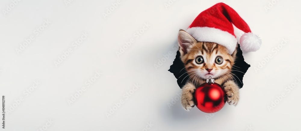 Poster winking kitten with a red santa hat holding a christmas tree ornament and peering through a hole in 