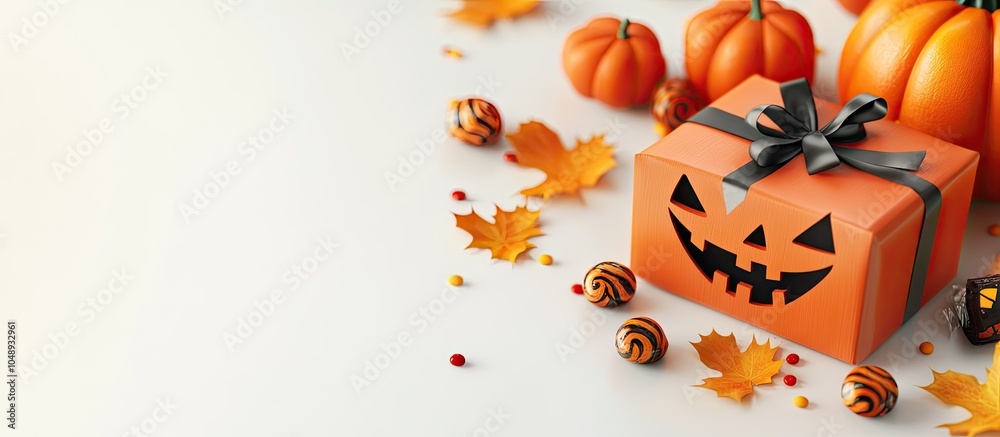 Poster Arrangement of Halloween decorations a gift box and candies on a light background. with copy space image. Place for adding text or design