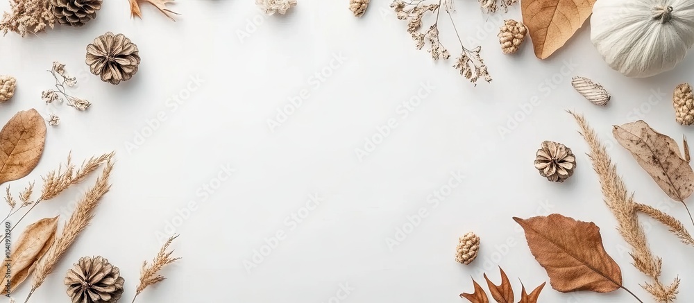 Aufkleber autumn arrangement photo frame dried flowers and leaves on a white background autumn fall idea flat 