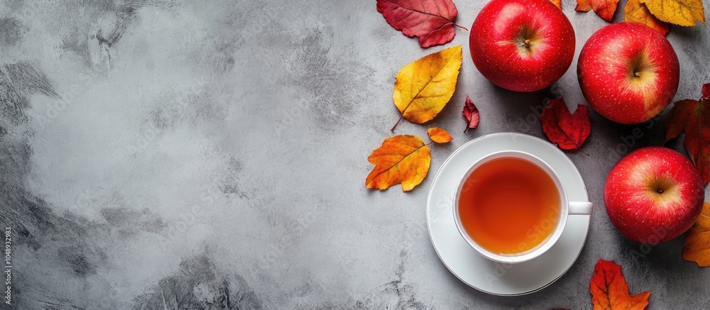 Aufkleber autumn colors red apples a cup of tea and leaves on a gray concrete background flat lay. with copy s