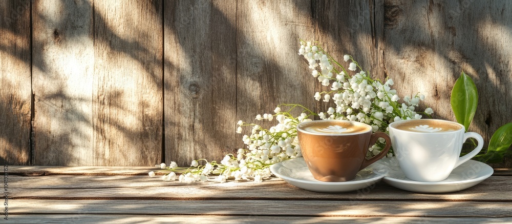 Fototapete coffee espresso cups and lily of the valley against a backdrop of weathered wooden boards in sunligh