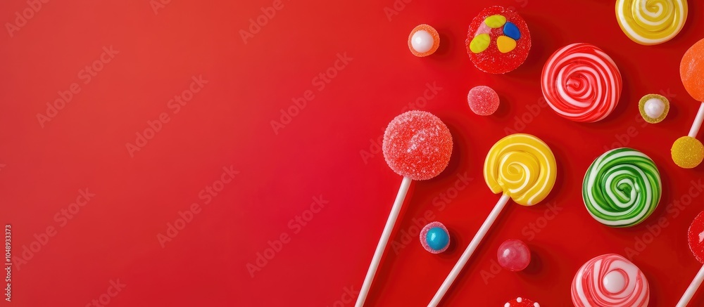 Leinwandbilder different colorful candies and lollipops arranged in a flat lay on a red background with copy space