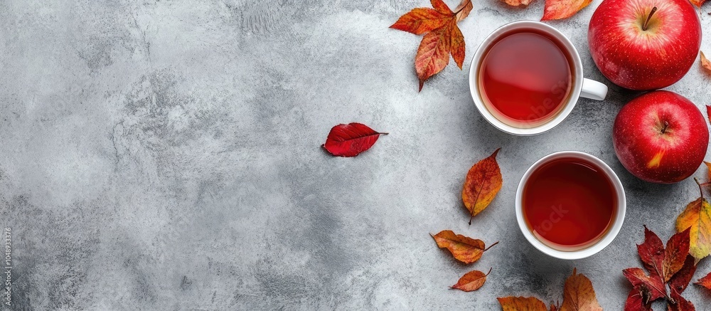 Aufkleber autumn colors red apples a cup of tea and leaves on a gray concrete background flat lay. with copy s