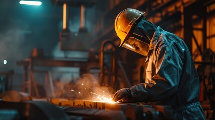 Industrial Worker Welding Metal in a Factory