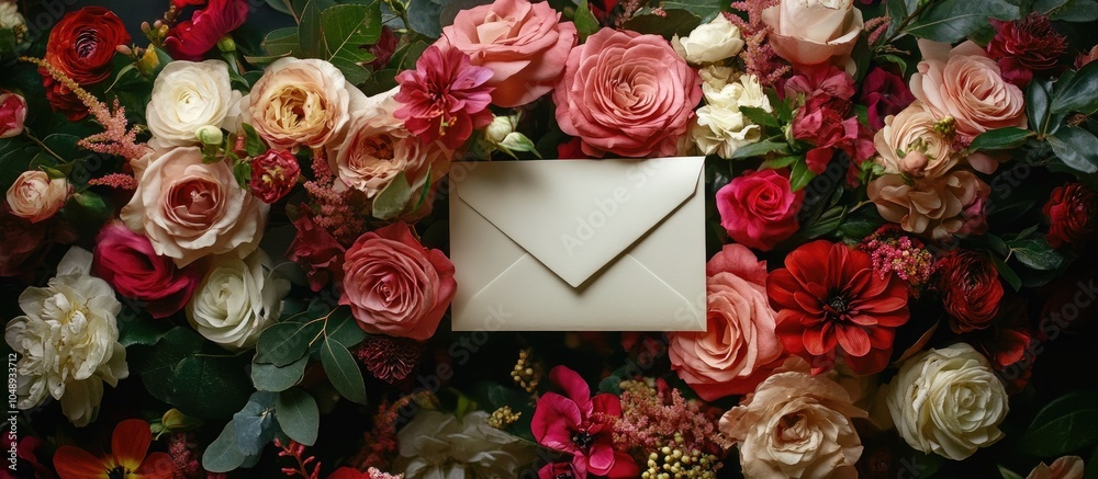 Poster a lovely arrangement of flowers and an envelope. with copy space image. place for adding text or des