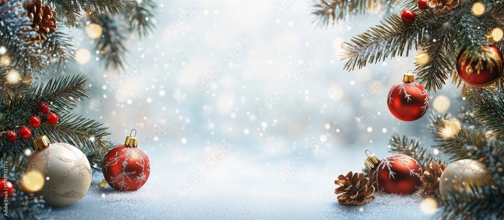 Poster christmas decoration backdrop christmas tree and holiday ornaments. with copy space image. place for