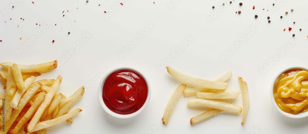 Poster close up image of french fries accompanied by pepper ketchup and mustard on a white surface. with co