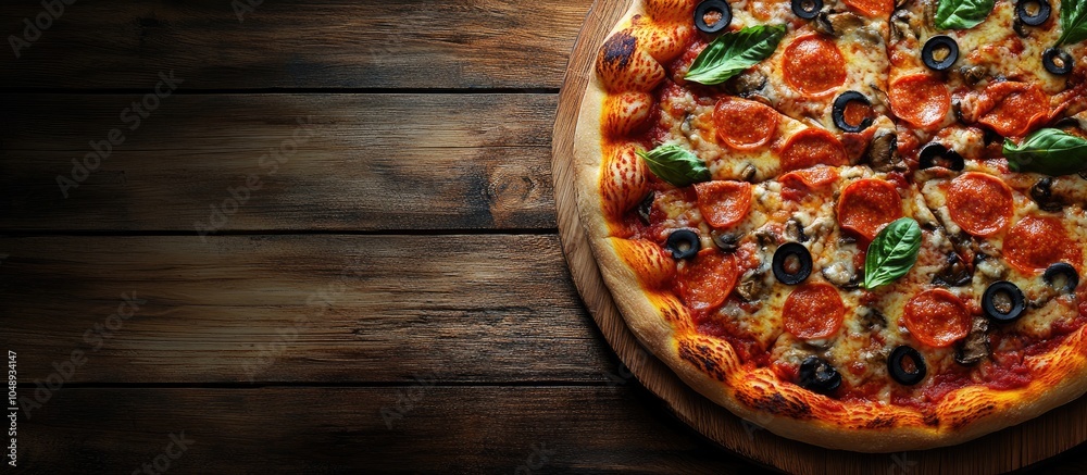 Aufkleber Tasty delicious pizza with toppings on a wooden table. with copy space image. Place for adding text or design