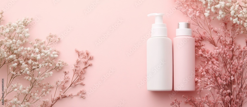 Poster beauty care cosmetics mock up featuring two bottles in white and pink on a paper background with cop