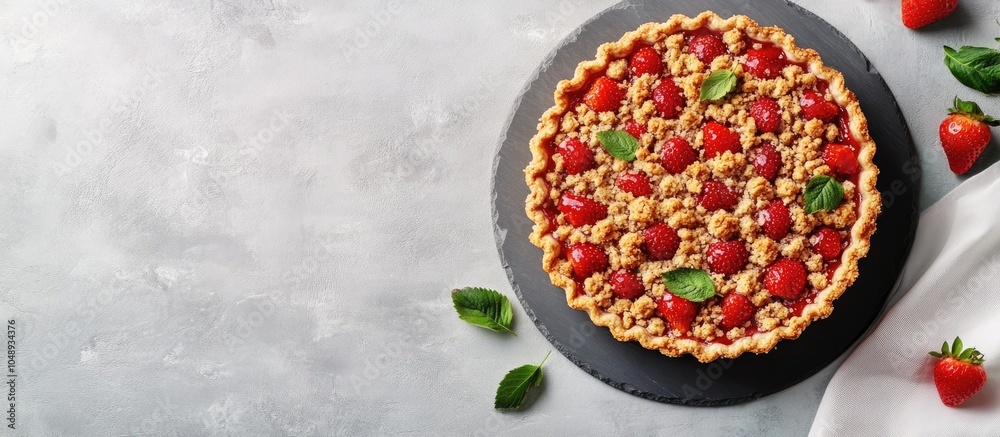Leinwandbilder tasty summer dessert strawberry pie with crumble delightful holiday cake topped with strawberries on