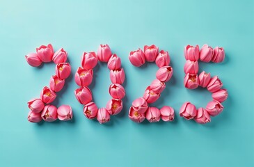 banner number 2025 laid out of pink tulips on a light blue background, cover, calendar, new year, poster, card, spring is coming