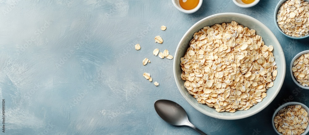 Fototapete Close up top view of a serving bowl filled with oat flakes and a spoon resting beside it Small dishes containing ingredients are arranged around Creating a perfectly balanced healthy breakfast Copy