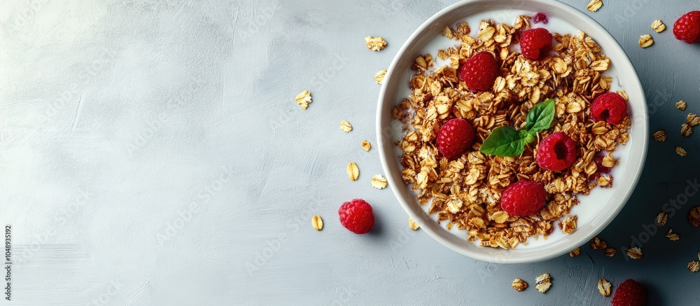 Leinwandbilder healthy granola mix with raspberry and milk on a gray background top view. with copy space image. pl