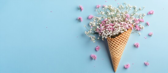 Waffle cone adorned with lovely gypsophila flowers on a colored background Summer theme Copy space top view