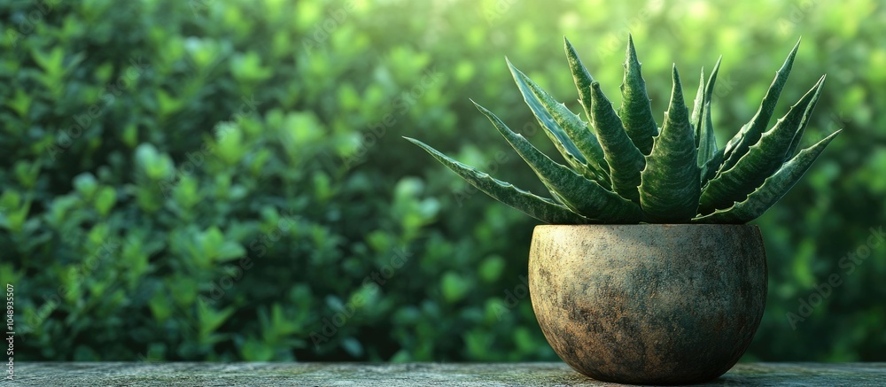 Leinwandbilder aloe vera thriving in a pot against a background of green bushes. with copy space image. place for a