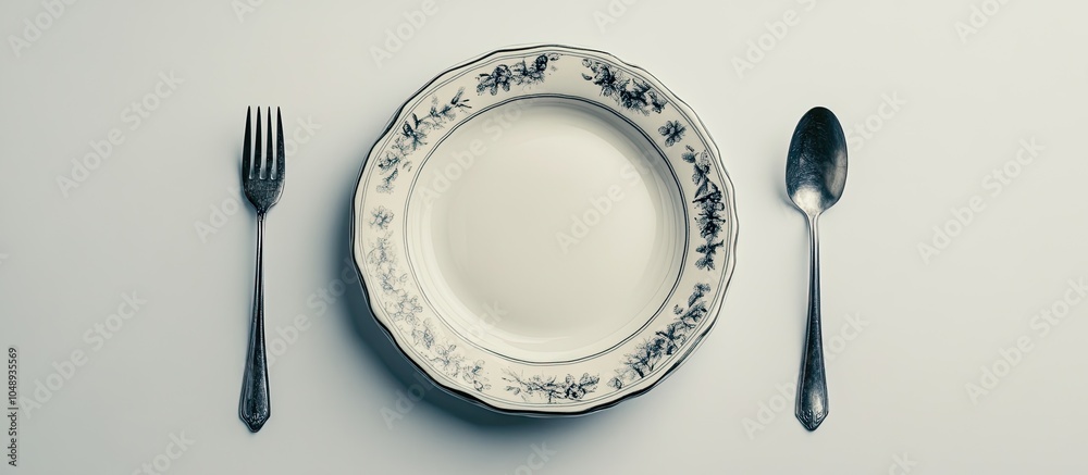 Leinwandbilder vintage beautiful plate spoon and fork set against a white background. with copy space image. place 