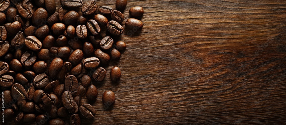 Leinwandbilder Coffee beans on a wooden background macro close up for design purposes. with copy space image. Place for adding text or design