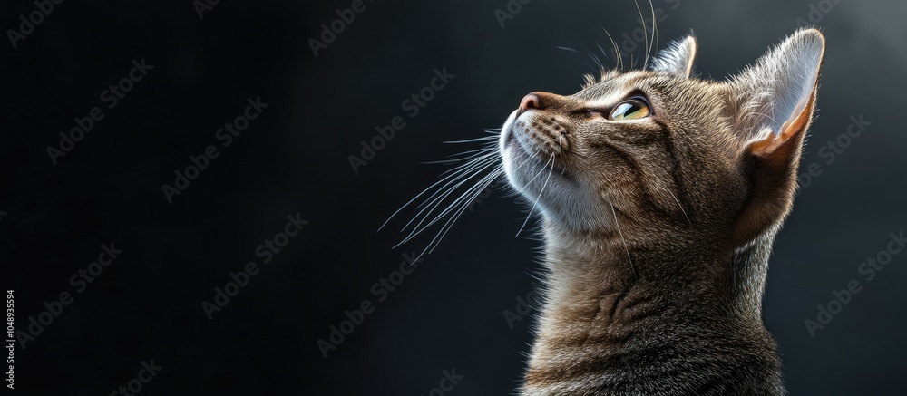 Poster Striped cat gazing up and to the right with an intense look and an inquisitive expression. with copy space image. Place for adding text or design