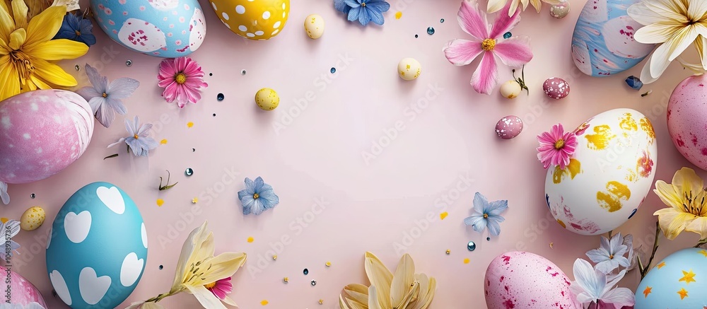 Leinwandbilder Spring flowers and vibrant Easter eggs create a frame. with copy space image. Place for adding text or design