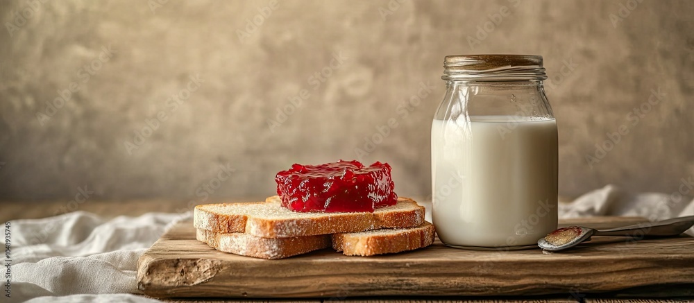 Fototapete jam milk and bread. with copy space image. place for adding text or design